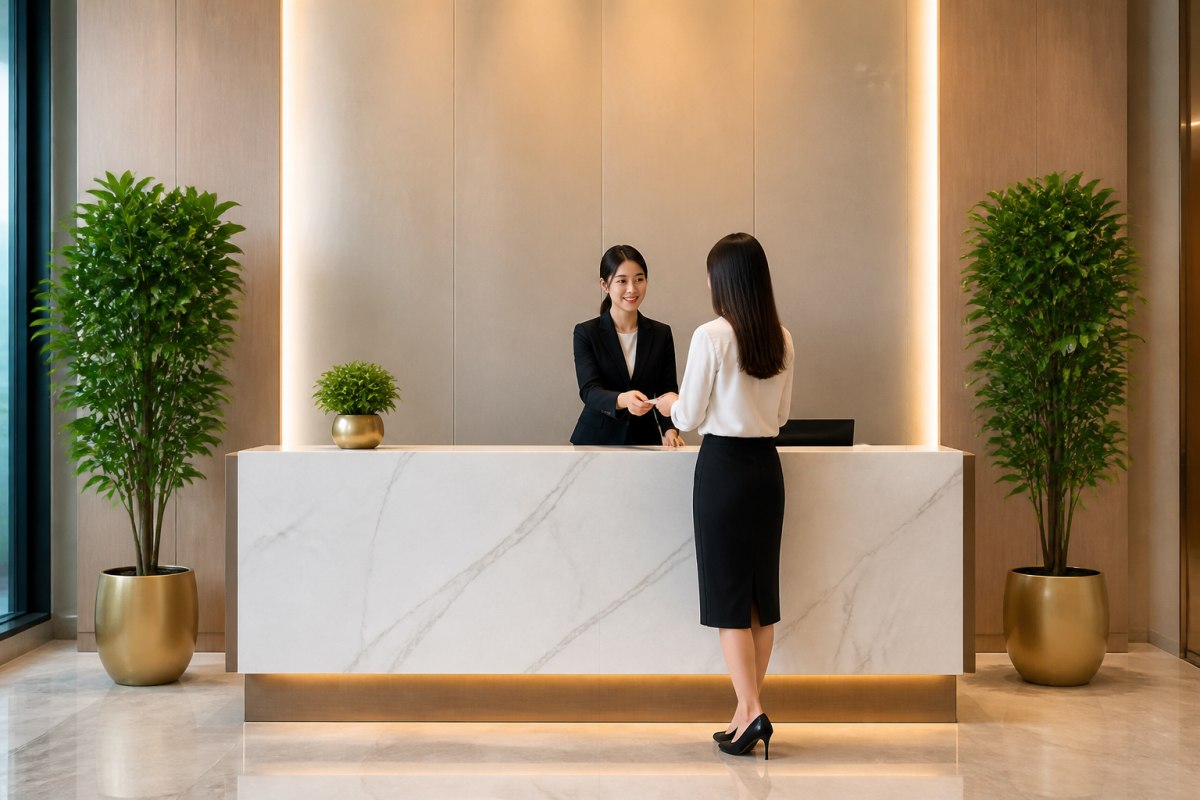 Cây phong thủy cho quầy lễ tân: Chọn cây và chậu ra sao?